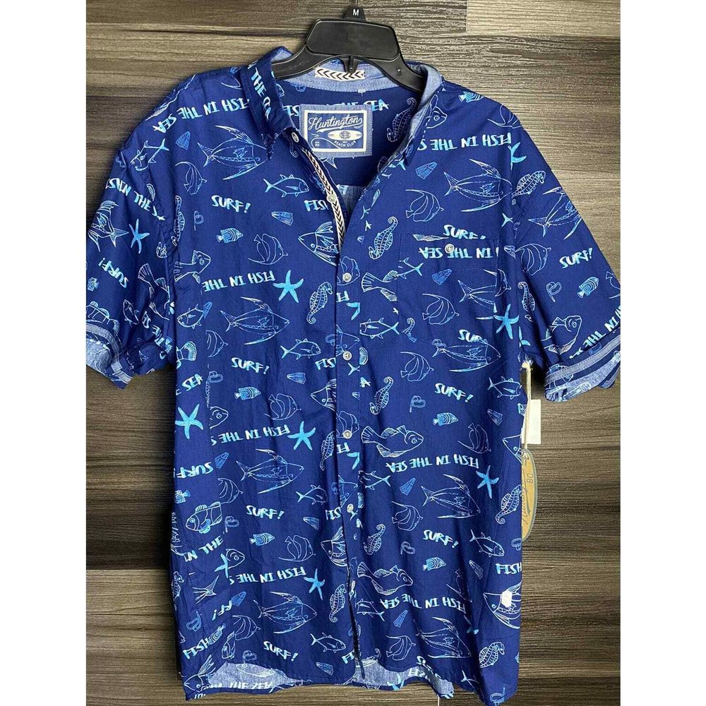 Huntington Beach Club navy cotton ocean print men's short sleeve shirt (2XL) XXL
